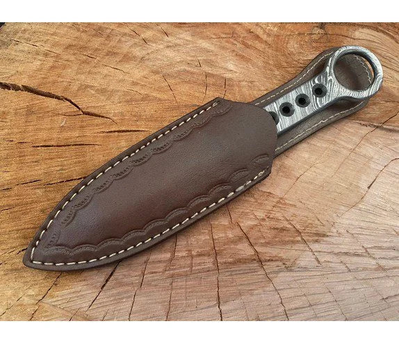 Damascus Kunai Throwing Knife With Leather Sheath