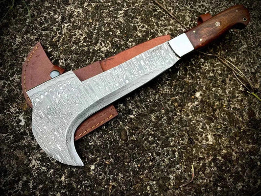 Handmade Damascus Steel Bill Hook Double Edged Blade Wood Handle