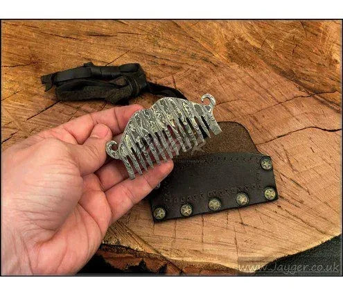 Handmade Beard Comb for Men’s, Hand forged Damascus Steel Gadget with Leather Case and Neck Hanging - Jayger