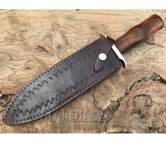 Handmade Damascus Steel Knife-Double Edge Blade-Dagger-Wood handle-Leather Cover