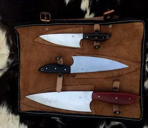 Chef Knives Set Of 3 With Roll Over Leather Sheath - Jayger