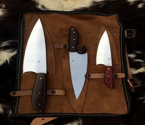 Kitchen Knife Set Of 3 With Leather Roll Over Bag - Jayger