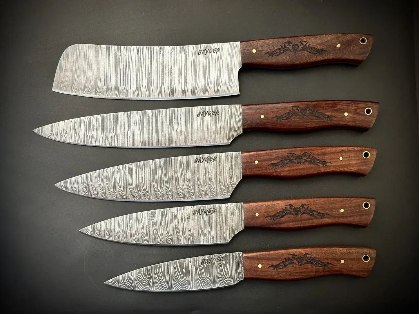 Damascus Knife Set Of 5 Pcs With Leather Knife Roll - Jayger