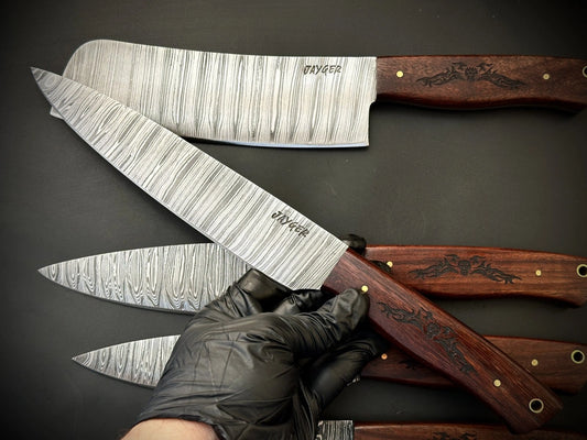 Damascus Knife Set Of 5 Pcs With Leather Knife Roll