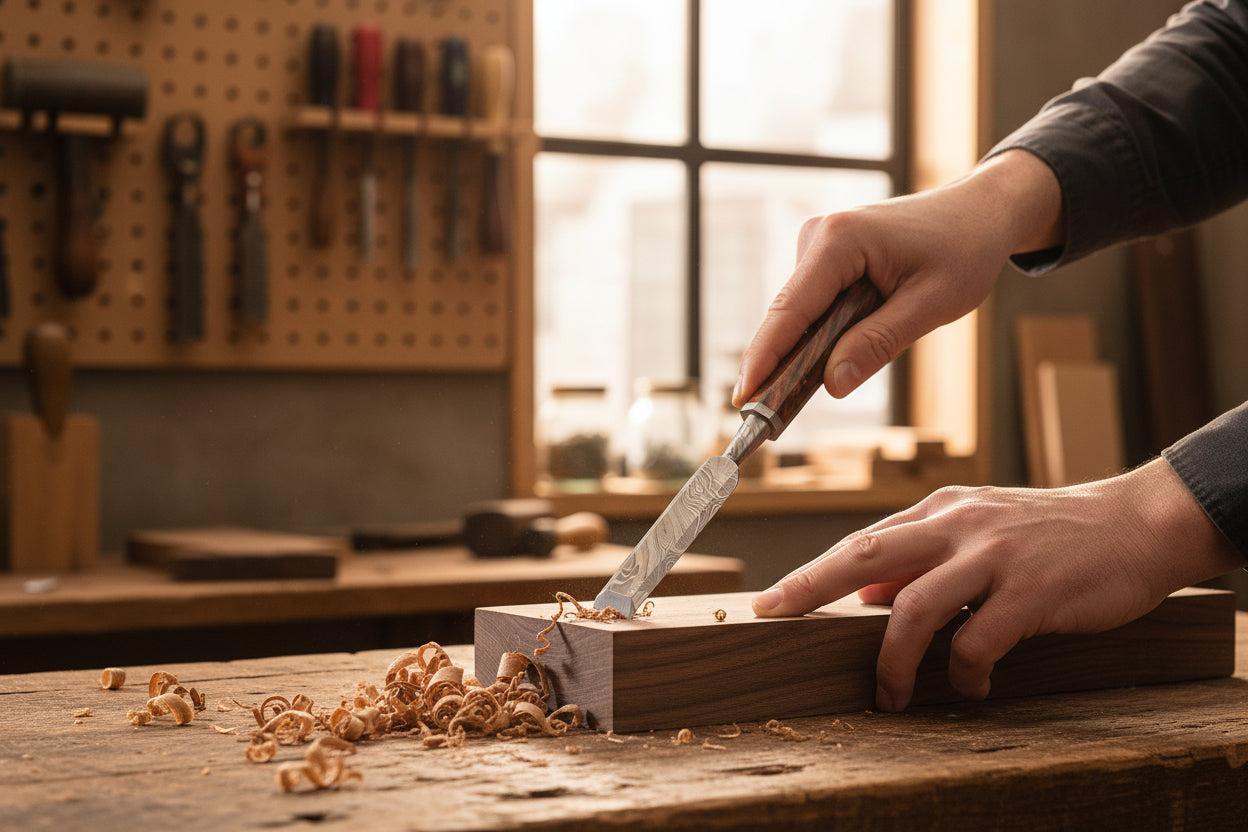Wood chisel with a wooden handle on a dark background