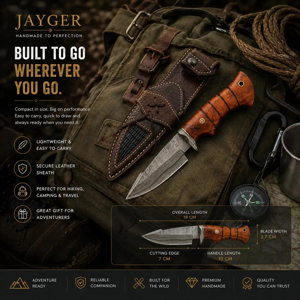 Small Hunting Knife With Leather Sheath - Damascus Steel