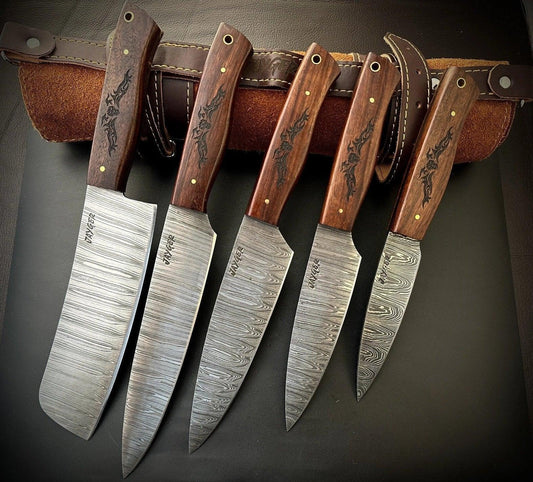 Damascus Knife Set Of 5 Pcs With Leather Knife Roll - Jayger
