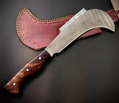 Handmade Damascus Steel Billhook With Leather Sheath