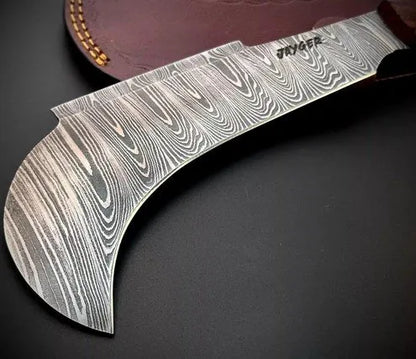 Handmade Damascus Steel Billhook With Leather Sheath