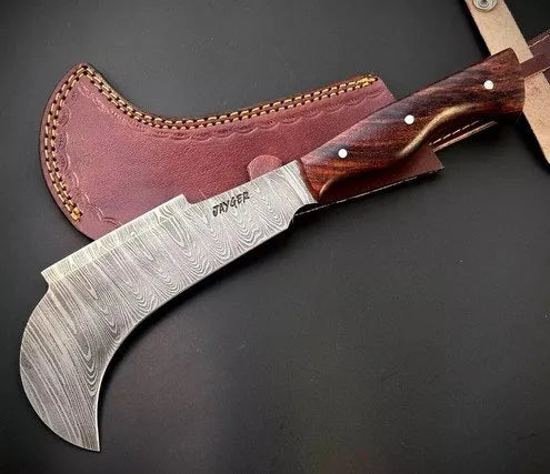 Handmade Damascus Steel Billhook With Leather Sheath