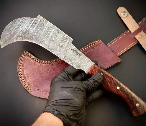 Handmade Damascus Steel Billhook With Leather Sheath