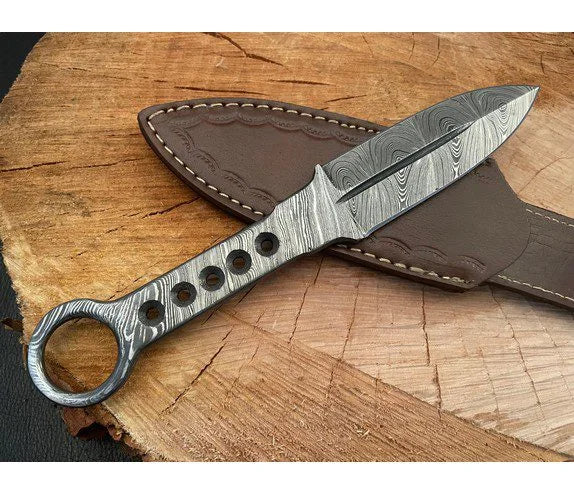 Damascus Kunai Throwing Knife With Leather Sheath