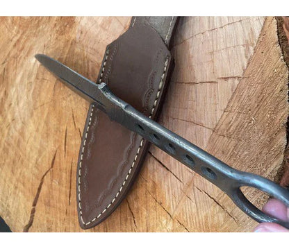 Damascus Kunai Throwing Knife With Leather Sheath