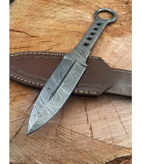 Damascus Kunai Throwing Knife With Leather Sheath