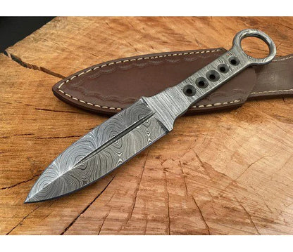 Damascus Kunai Throwing Knife With Leather Sheath