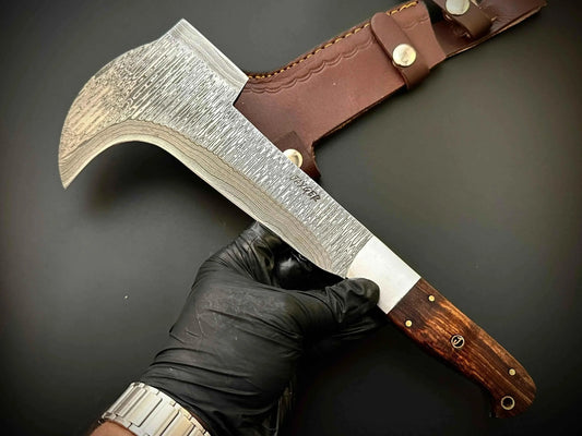 Handmade Damascus Steel Bill Hook Double Edged Blade Wood Handle