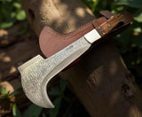 Handmade Damascus Steel Bill Hook Double Edged Blade Wood Handle