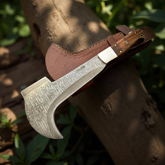 Handmade Damascus Steel Bill Hook Double Edged Blade Wood Handle