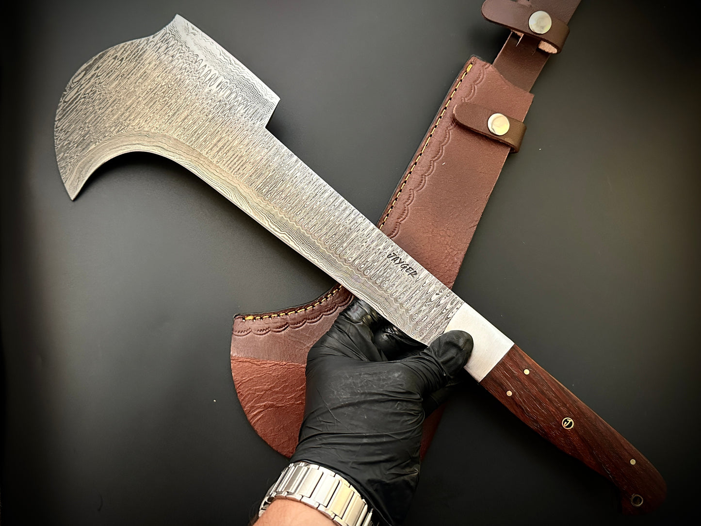 Handmade Damascus Steel Bill Hook Double Edged Blade Wood Handle