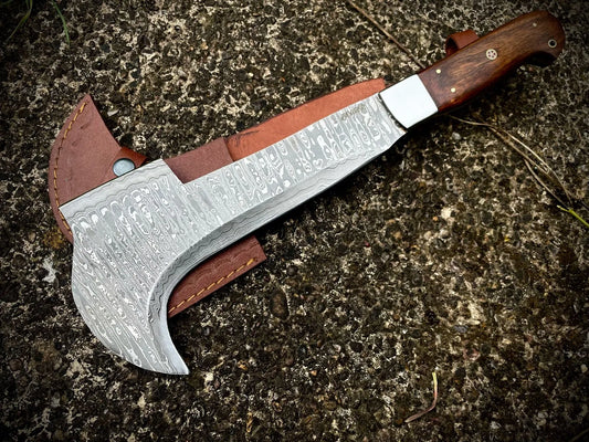 Handmade Damascus Steel Bill Hook Double Edged Blade Wood Handle – BHD1