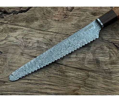 Handmade Bread Knife – Hand Serrated Damascus Steel Blade