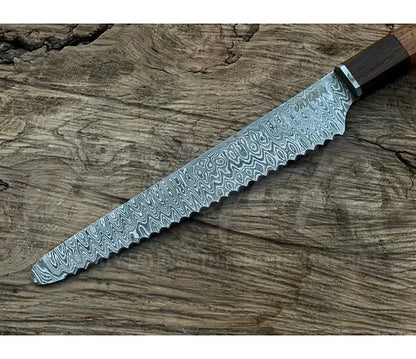 Handmade Bread Knife – Hand Serrated Damascus Steel Blade