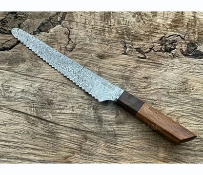 Handmade Bread Knife – Hand Serrated Damascus Steel Blade