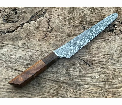 Handmade Bread Knife – Hand Serrated Damascus Steel Blade