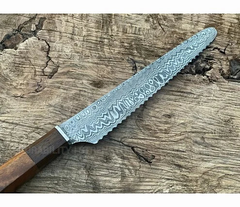 Handmade Bread Knife – Hand Serrated Damascus Steel Blade
