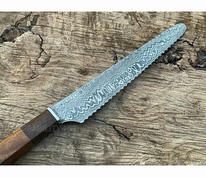 Handmade Bread Knife – Hand Serrated Damascus Steel Blade