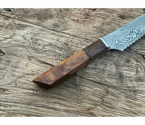 Handmade Bread Knife – Hand Serrated Damascus Steel Blade