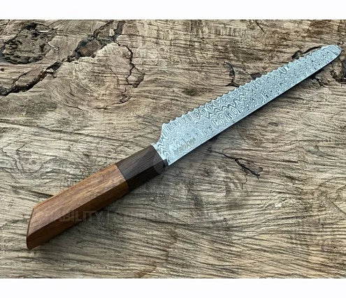 Handmade Bread Knife – Hand Serrated Damascus Steel Blade