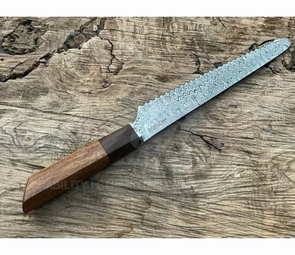 Handmade Bread Knife – Hand Serrated Damascus Steel Blade