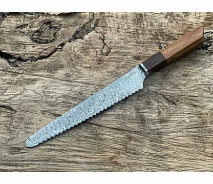 Handmade Bread Knife – Hand Serrated Damascus Steel Blade