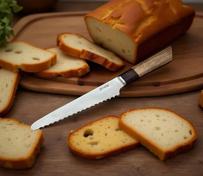 Handmade Bread Knife – Hand Serrated Damascus Steel Blade