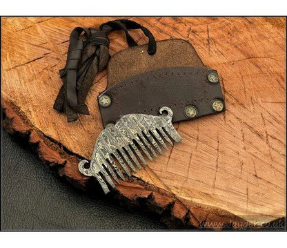 Handmade Beard Comb for Men’s, Hand forged Damascus Steel Gadget with Leather Case and Neck Hanging
