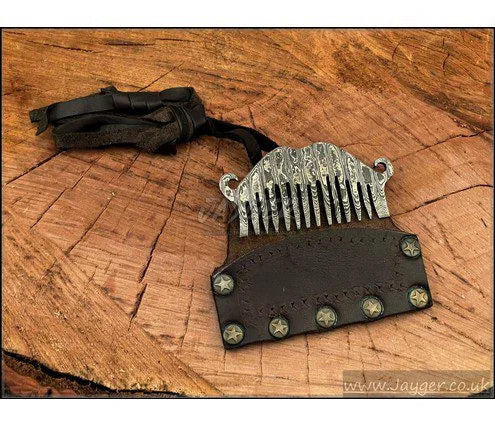 Handmade Beard Comb for Men’s, Hand forged Damascus Steel Gadget with Leather Case and Neck Hanging