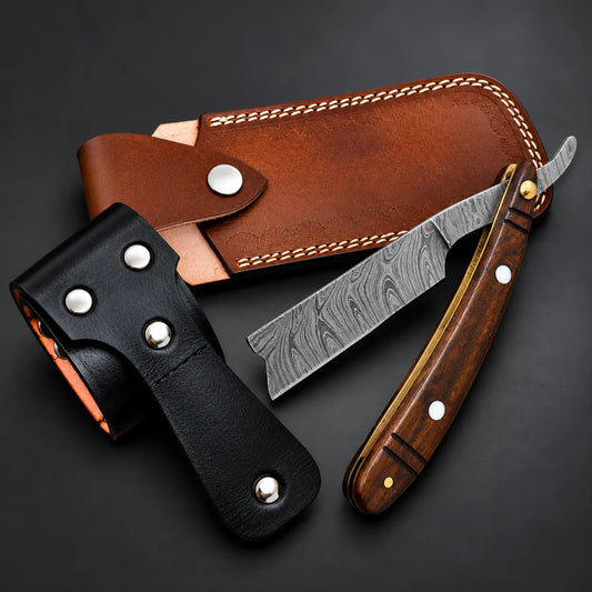 Handmade Damascus Steel Folding Straight Razor –Shave Ready-Leather Strop