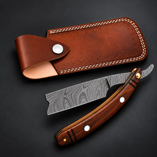Handmade Damascus Steel Folding Straight Razor –Shave Ready-Leather Strop