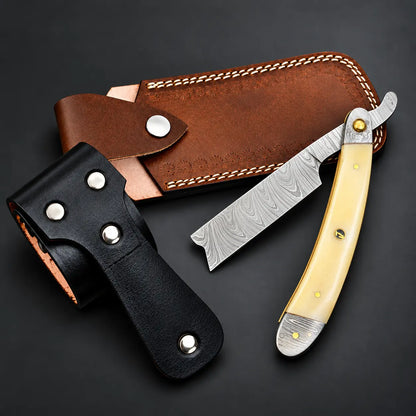 Damascus Cut throat Straight Razor Leather Cover & Strop– Shave Ready
