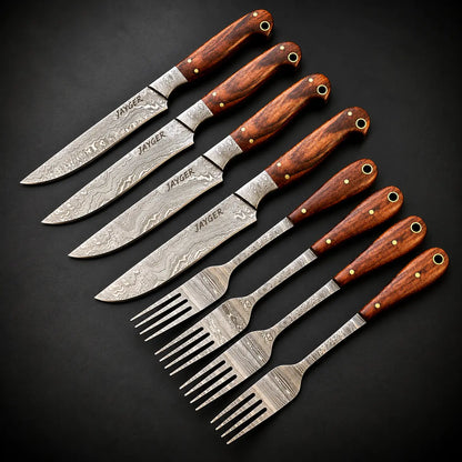 Damascus Steel Steak Knife & Fork Set – Wooden Handle Cutlery Set