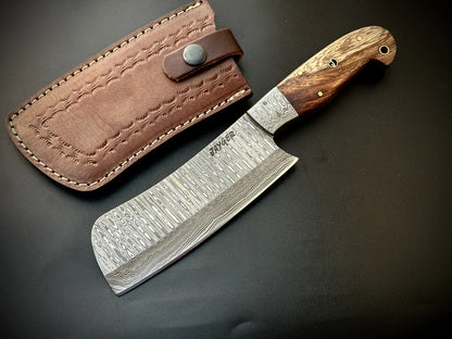 Damascus Steel Cleaver With Leather Sheath-DH12