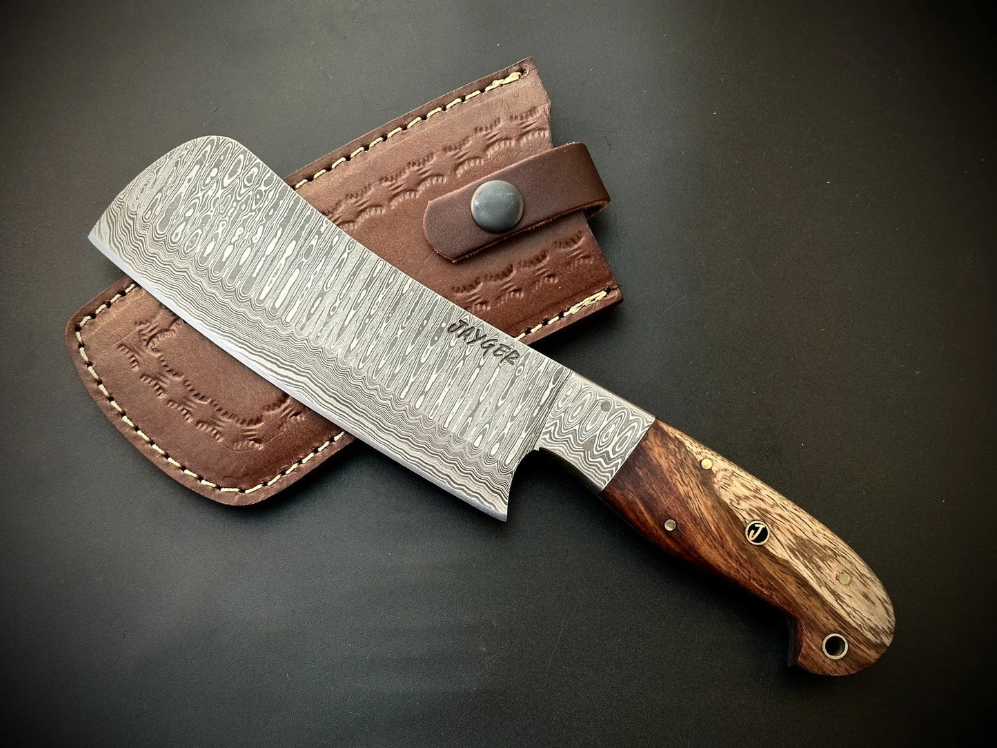 Damascus Steel Cleaver With Leather Sheath-DH12