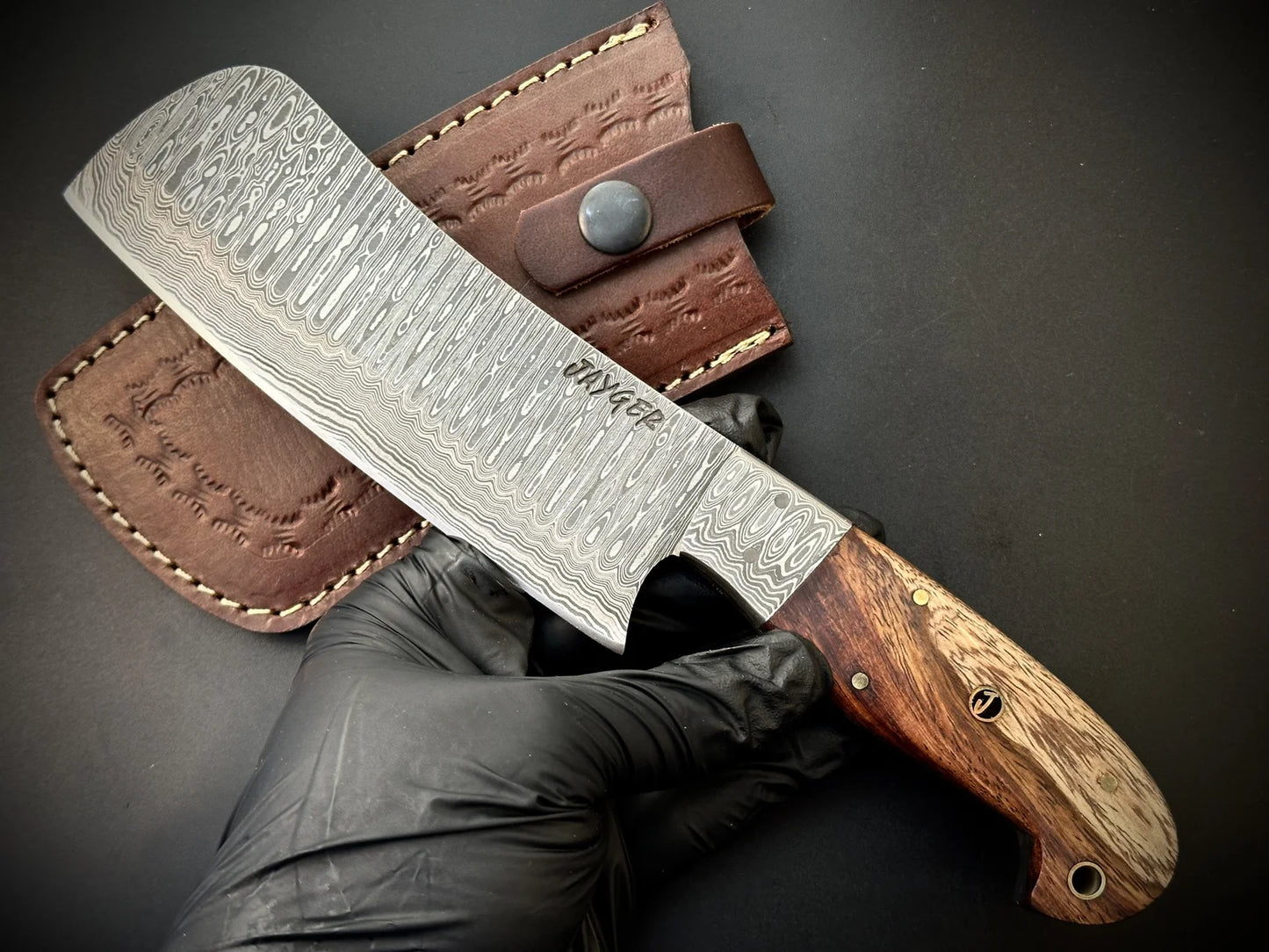 Damascus Steel Cleaver With Leather Sheath-DH12