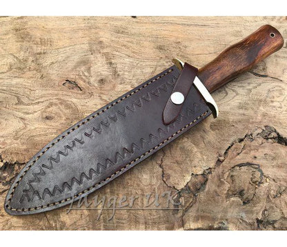 Handmade Damascus Steel Knife-Double Edge Blade-Dagger-Wood handle-Leather Cover