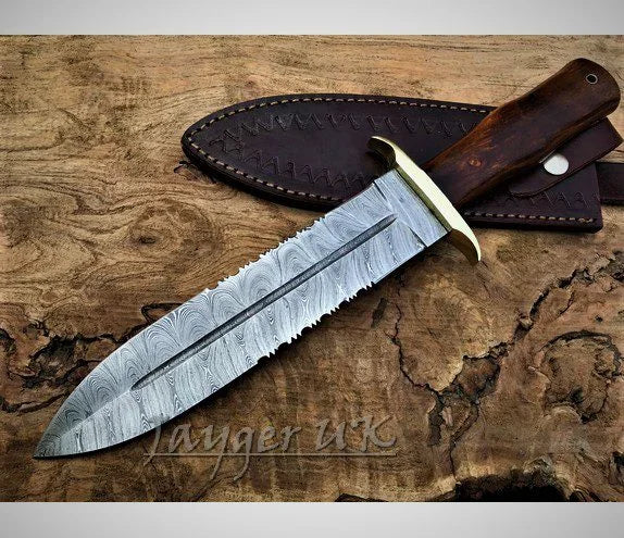 Handmade Damascus Steel Knife-Double Edge Blade-Dagger-Wood handle-Leather Cover