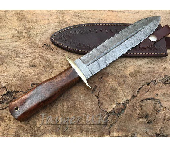Handmade Damascus Steel Knife-Double Edge Blade-Dagger-Wood handle-Leather Cover
