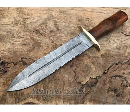 Handmade Damascus Steel Knife-Double Edge Blade-Dagger-Wood handle-Leather Cover