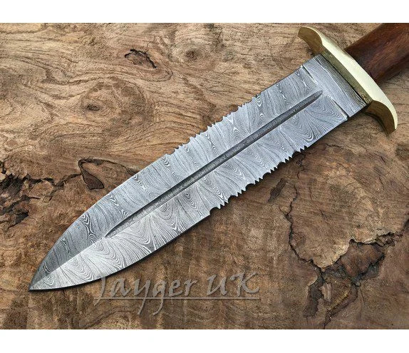 Handmade Damascus Steel Knife-Double Edge Blade-Dagger-Wood handle-Leather Cover