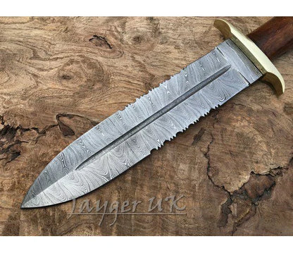 Handmade Damascus Steel Knife-Double Edge Blade-Dagger-Wood handle-Leather Cover